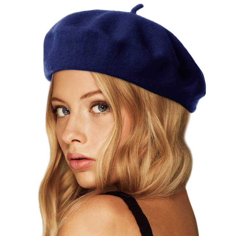 Wheebo Wool Beret Hat,Solid Color French Style Winter Warm Cap for Women Girls (Navy Blue) - Image 1